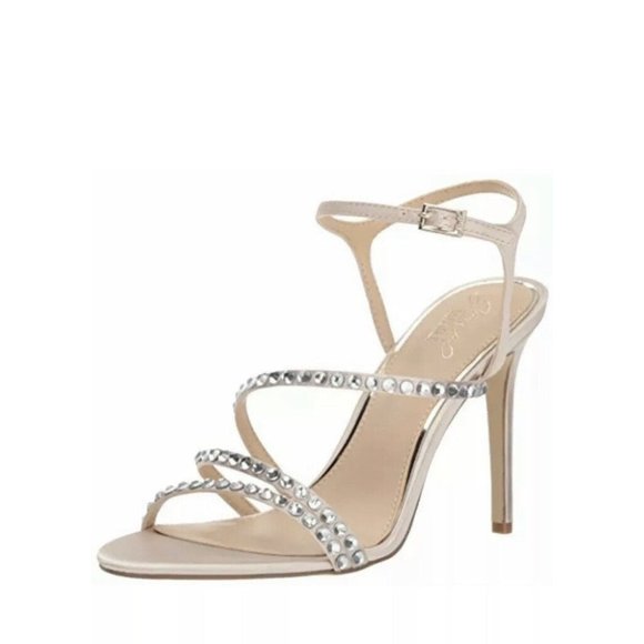 Jewel Badgley Mischka Marimba Crystal Strap Sandal Heels Satin Size 7.5 Bling - Picture 6 of 13